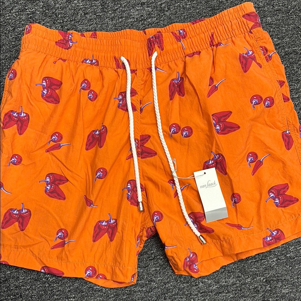 Vibrant Orange Swim Trunks with Chili Print